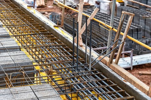 Detail of reinforced concrete slab with lightweight concrete blocks under construction