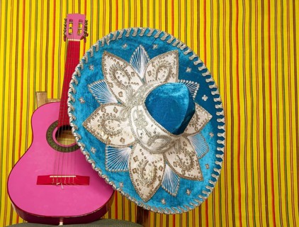 Mariachi embroidery mexican hat pink guitar in striped background
