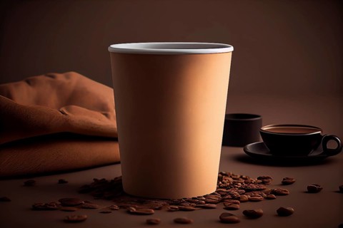 Blank take away kraft coffee cup on table with blurry background
