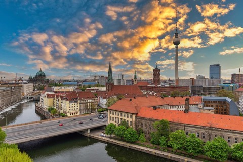 Berlin Germany, sunset city skyline at city center and Spree River