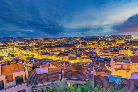 Lisbon Portugal sunrise city skyline at Lisbon Alfama district