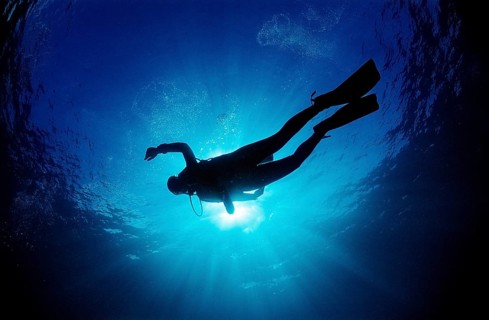 Diver against the light, Bali, Indian Ocean, Indonesia, Asia
