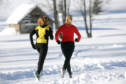 Running in the snow, man, 35, 40, years, running, running, snow, winter, two woman