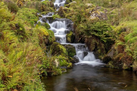 Bride's Veil Falls, waterfall above Bearreaig Bay, east coast, Isle of Skye, Inner Hebrides,
