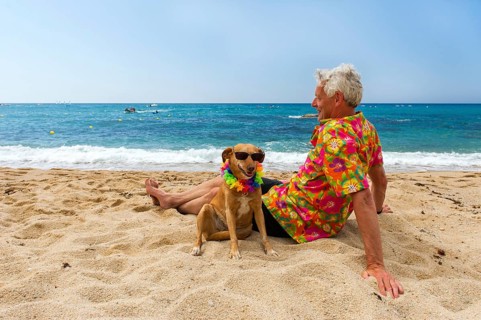 Relaxing elderly man with dog laying at the beach