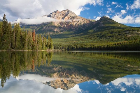 Reflections in Pyramid Lake, Jasper National Park, Alberta, Canada, North America