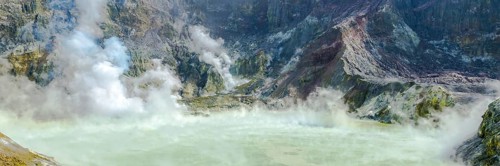 Active Volcano at White Island New Zealand. Volcanic Sulfur Crater Lake. Web banner