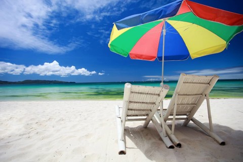 Beach with parasol and deckchair, Boracay, Philippines, Boracay, Philippines, Asia