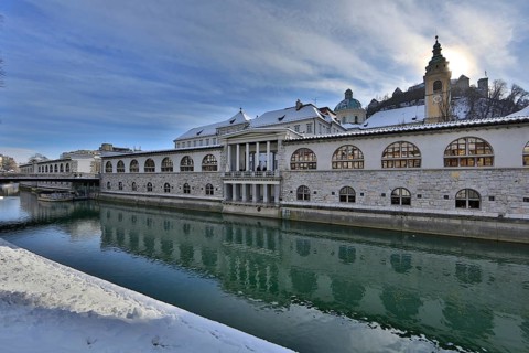 River Ljubljanica, market halls, Ljubljana Cathedral and Castle, Ljubljana Ljubljana, Central