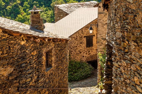Traditional stone village houses in Evol, French Pyrenees, Pyrenees-Orientales, Occitanie, France,