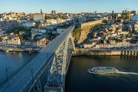 Porto City, Douro River and Empty Dom Luis Bridge I in Morning. View from Famous Tourist Viewpoint