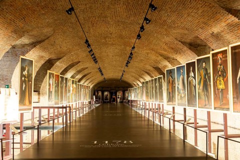 Venaria Reale, Turin, Italy, 16 July 2023: old gallery, museum with paintings perspective, Europe