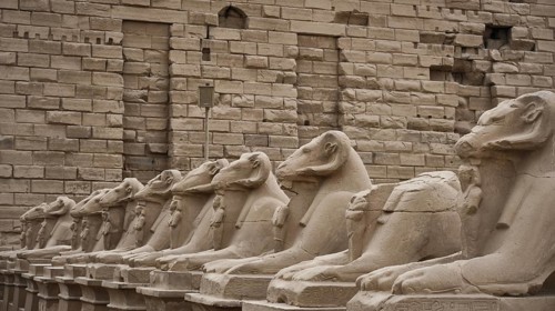 Avenue of ram-headed sphinxes. The Karnak Temple Complex, Luxor, Upper Egypt. UNESCO World Heritage