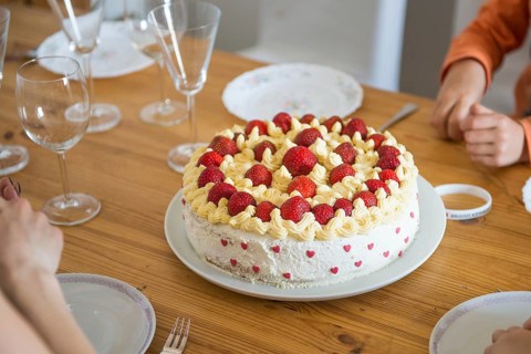 Home made strawberry cake with cream and hearts, Copenhagen, Denmark, Europe