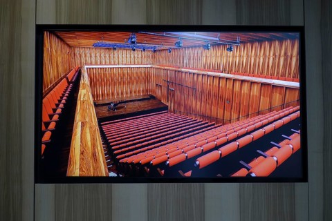 Würth Museum 2, interior view of an auditorium with wooden wall panelling and red seats, Carmen