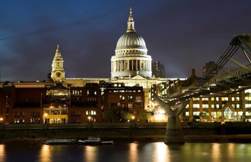 Cityscape of London at Night with St Paul's Cathedral and Millenium Bridge London, England, Great