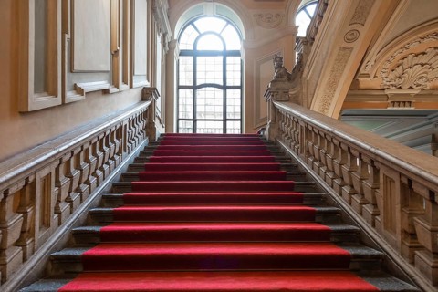 Turin, Italy, January 2023: Palazzo Barolo staircase. Luxury palace with old baroque interior and
