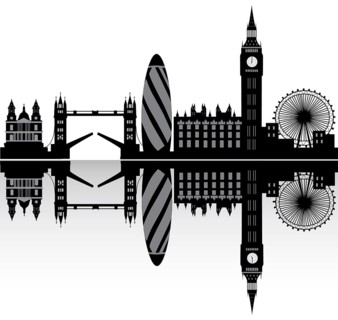 Illustration drawing of the London city skyline England with the wheel and the tower bridge