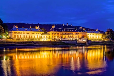 Restored Baroque palace Pillnitz castle in Dresden