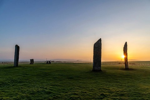 Stones of Stenness Circle and Henge at sunrise, stone circle and henge, Neolithic monument, UNESCO