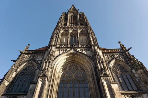Facade of St. Lamberti Church on Prinzipalmarkt in Münster, North Rhine-Westphalia (North
