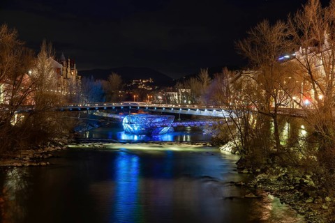 Murinsel, night shot, Graz, Styria, Austria, Europe