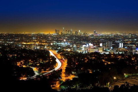 Downtown LA night Los Angeles sunset skyline California from high view