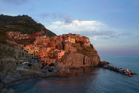 Village of Manarola at sunset, Cinque Terre, Italy, Europe