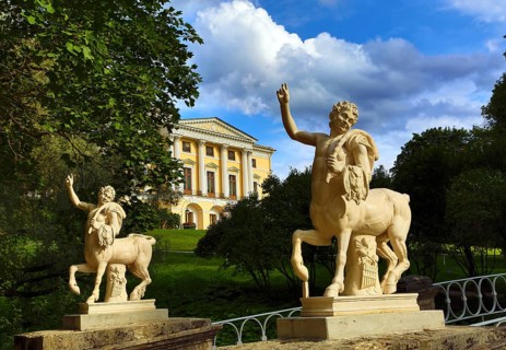Centaurs bridge and palace in Pavlovsk park St. Petersburg Russia