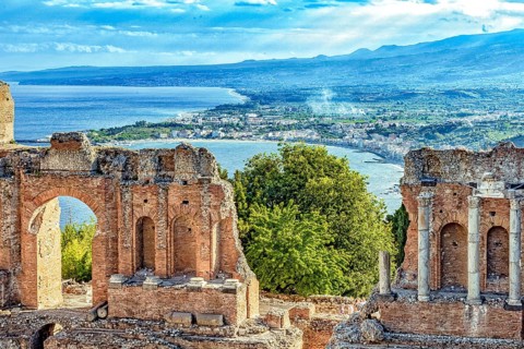 Greek theatre of Taormina, bay of Giardini-Naxos in Sicily