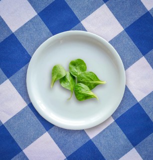 Diet Concept Image Of Spinach Salad Leaves On A White Plate On A Checked Table Cloth
