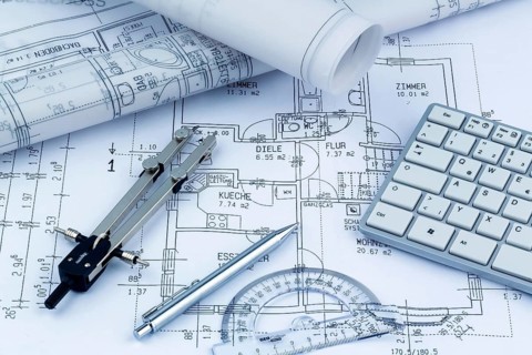 An architect's plan for the construction of a new home. Symbolic photo for financing and planning a