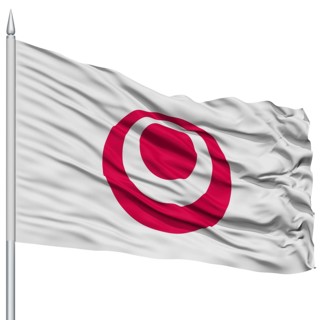 Isolated Okinawa Japan Prefecture Flag on Flagpole, Flying in the Wind, Isolated on White