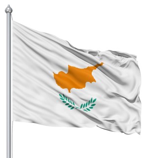 Flag of Cyprus with flagpole waving in the wind against white background