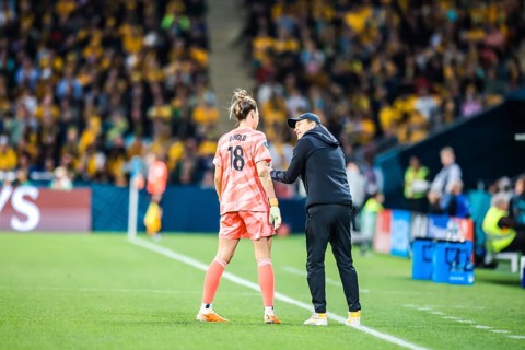 BRISBANE, AUSTRALIA, JULY 27: Tony Gustavsson, head coach of Australia and Mackenzie ARNOLD of