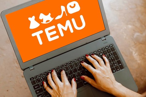 In this photo illustration, the Temu logo is displayed on a laptop screen