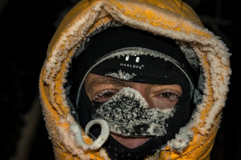 Man with frost-covered hood and balaclava, Abisko, Norrbotten, Lapland, Sweden, December 2012,