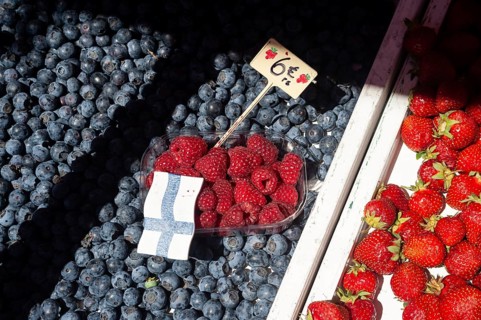 23/06/2018, Helsinki, Finland, Europe, Fresh blueberries, raspberries and strawberries are offered