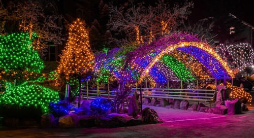 Taebeck, South Korea. January 29, 2019: Colorful Christmas lights on trees and on metal awning over