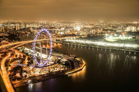 Marina Bay Sands night view from the observatory Singapore. Shooting Location: Singapore