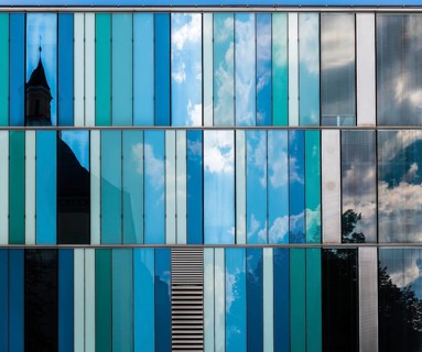 Munich, Bavaria/ Germany, 07 29 2018: abstract rectangular blue windows of a contemporary office