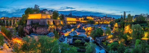 Grand Duchy of Luxembourg, night city skyline at Grund along Alzette river in the historical old