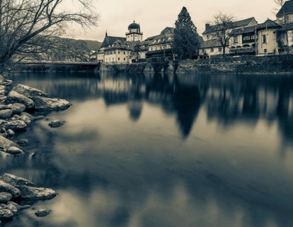 Schwammerlturm, old town centre on the river Mur, long exposure, Leoben, Styria, Austria, Europe