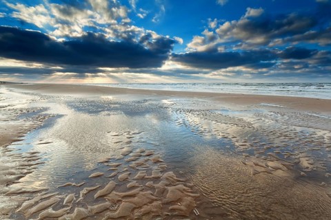 Sunshine over North sea beach at low tide, Netherlands