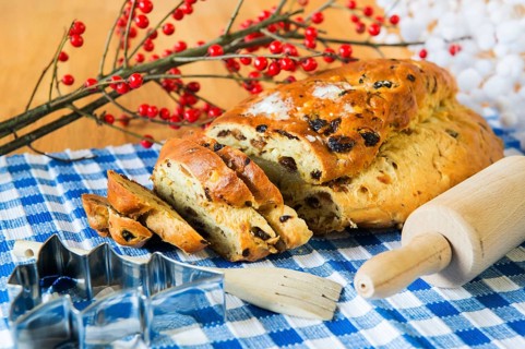 Currant bread with almond paste and sugar for Christmas