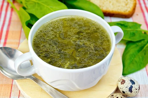 Soup of green nettles, sorrel, spinach, rhubarb leaves on a round wooden board, bread, quail eggs,