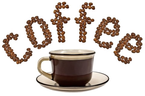 Word of coffee beans with a cup of coffee from a brown glass isolated on white background