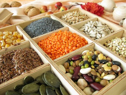 Wooden box with cooking and baking ingredients