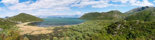 Landscape view over the Skadar Lake, the green hills and mountains