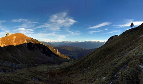 Panorama in the Scharnitztal valley with a view of the Wetterstein massif, Tyrol, Austria, Europe